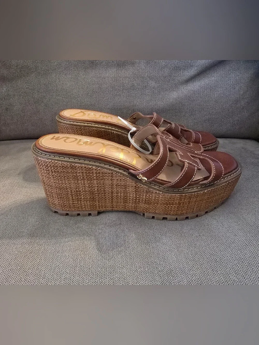 NWOB Sam Edelman Brown Leather Woven Platform Slide Sandals - 10
